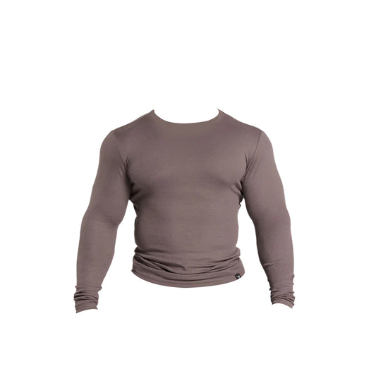 Brown Gymshark Men's Ribbed Long-Sleeve T-Shirt, featuring a fitted style and lightweight fabric.