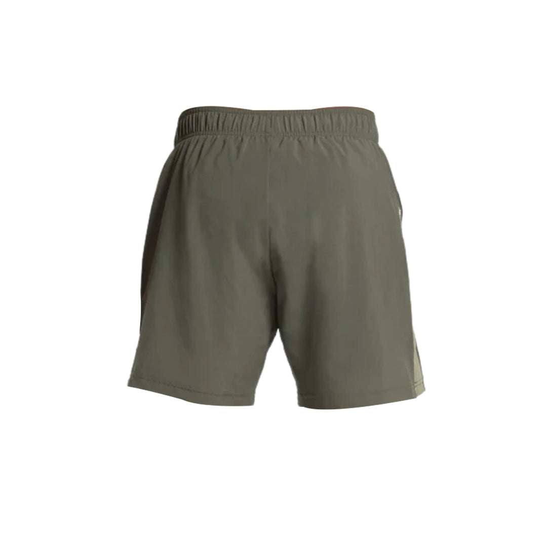 Back view of Gymshark men's khaki-colored sport 7" 2 in 1 shorts.