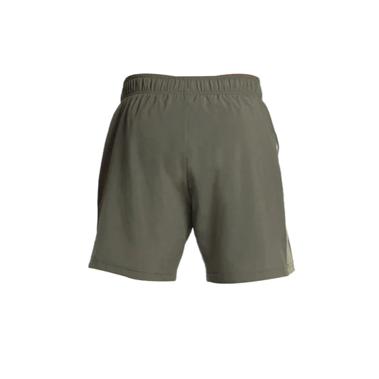 Back view of Gymshark men's khaki-colored sport 7" 2 in 1 shorts.