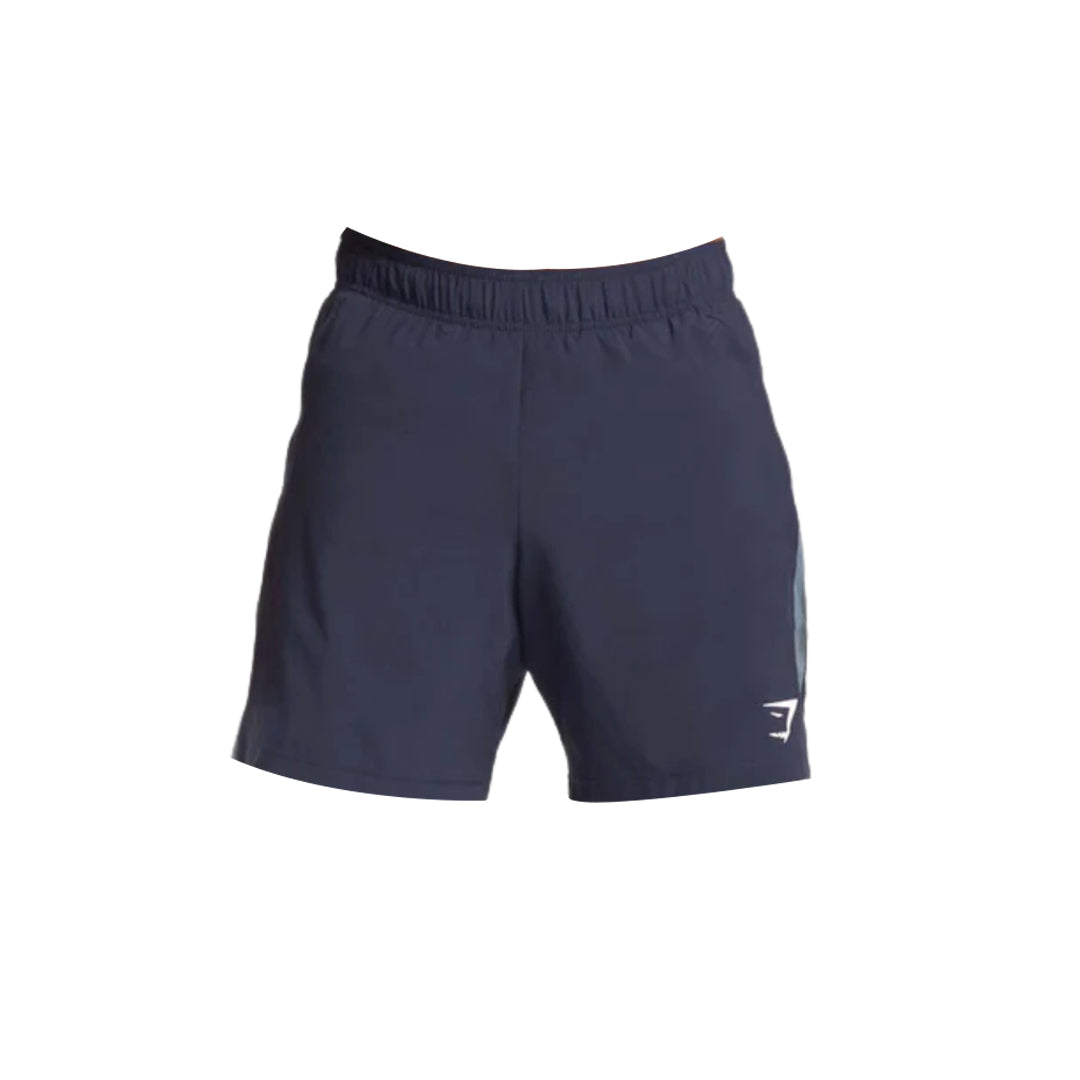 Navy blue Gymshark Men's Sport 7" 2-in-1 Shorts featuring an elastic waistband and a white logo on the left side.
