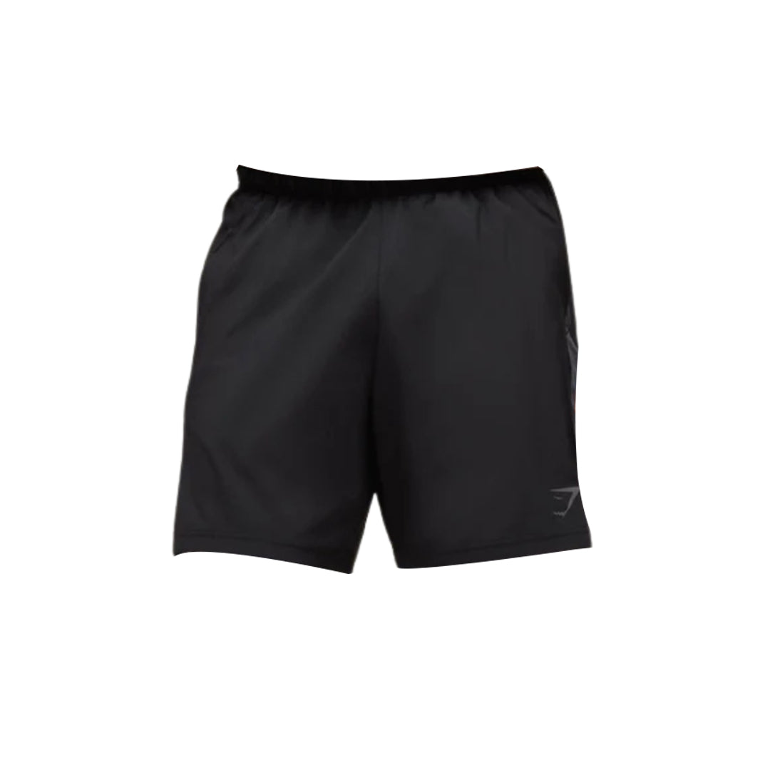 Black Gymshark 7" 2-in-1 running shorts, featuring a dark gray logo on the right outer thigh.