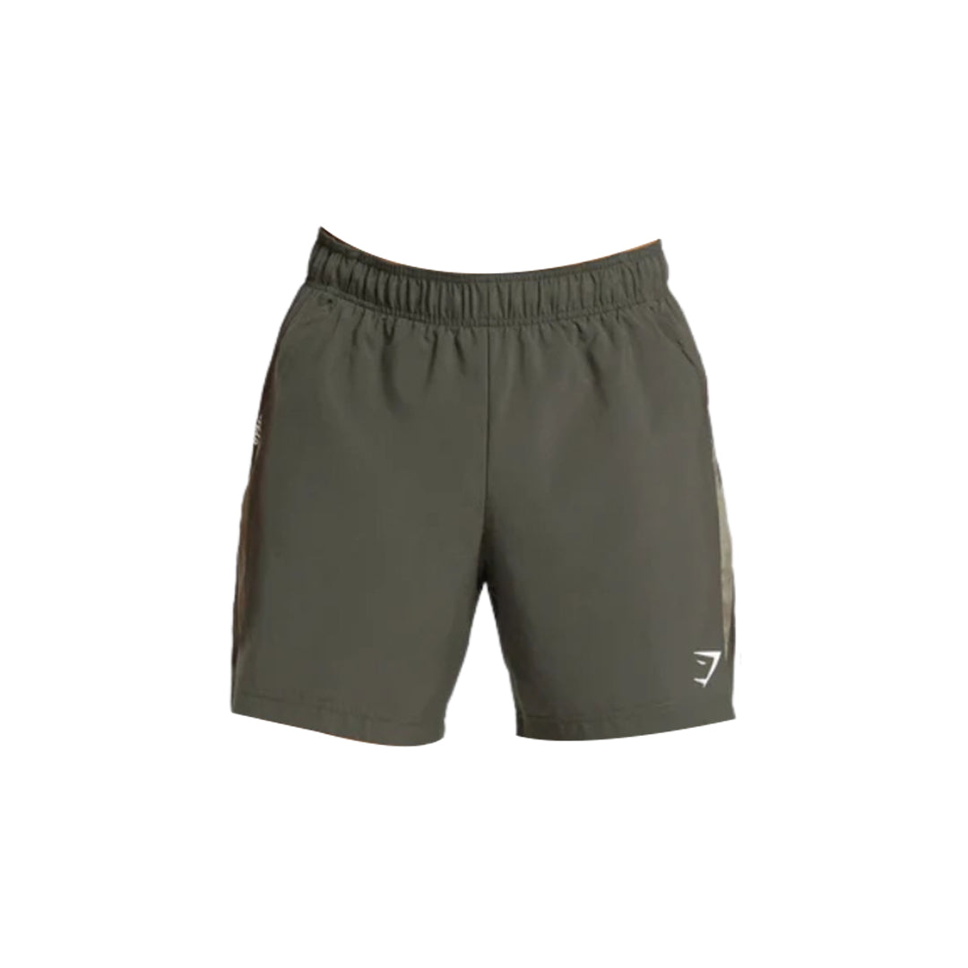 Slim-fit, 7-inch, olive green gym shorts with white Gymshark logo on the left leg.