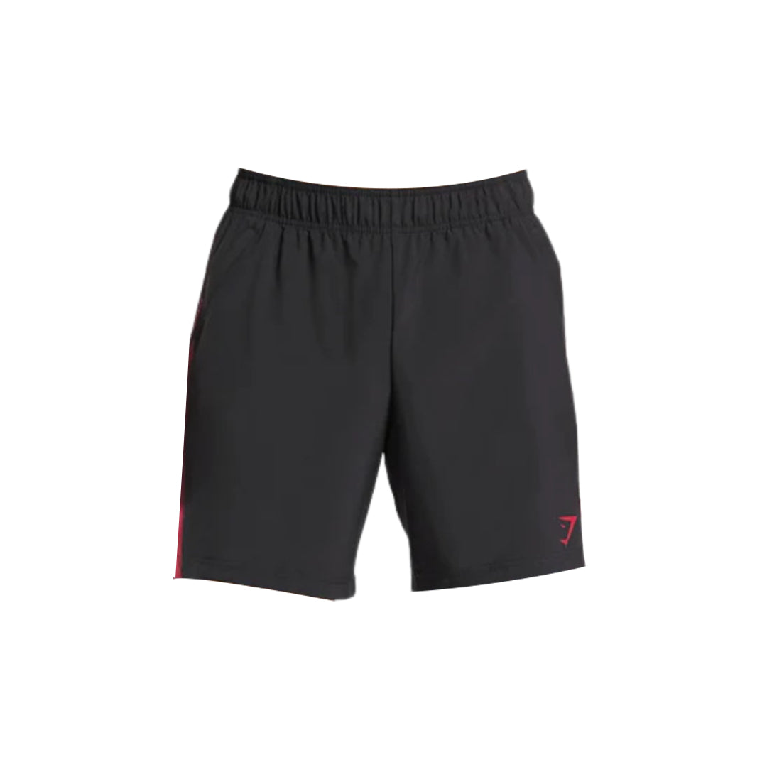 Black Gymshark men's sports shorts featuring a red stripe and logo.