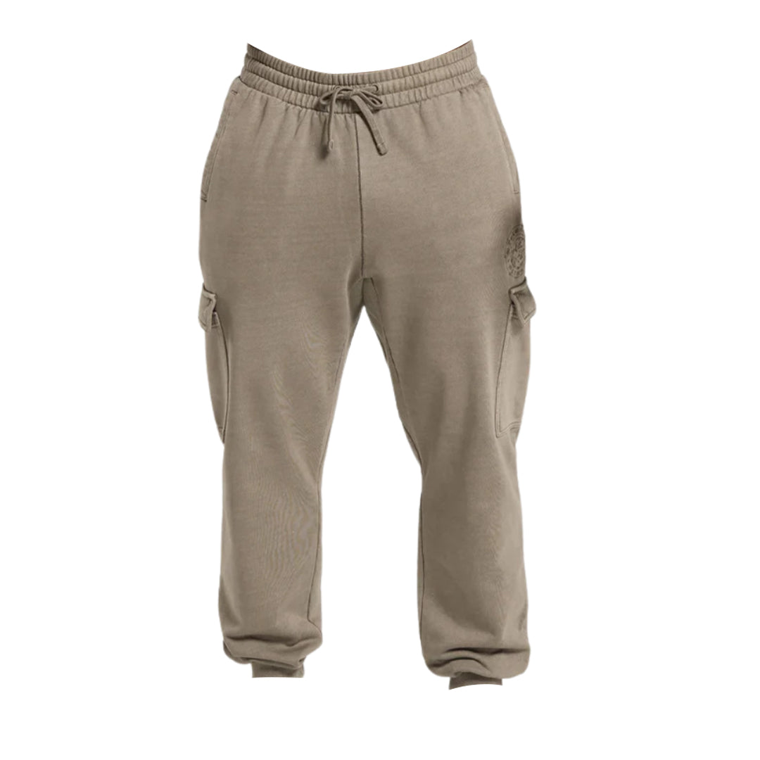 Beige cargo sweatpants with an elastic waistband, adjustable drawstring, and side pockets for a casual, comfortable style.