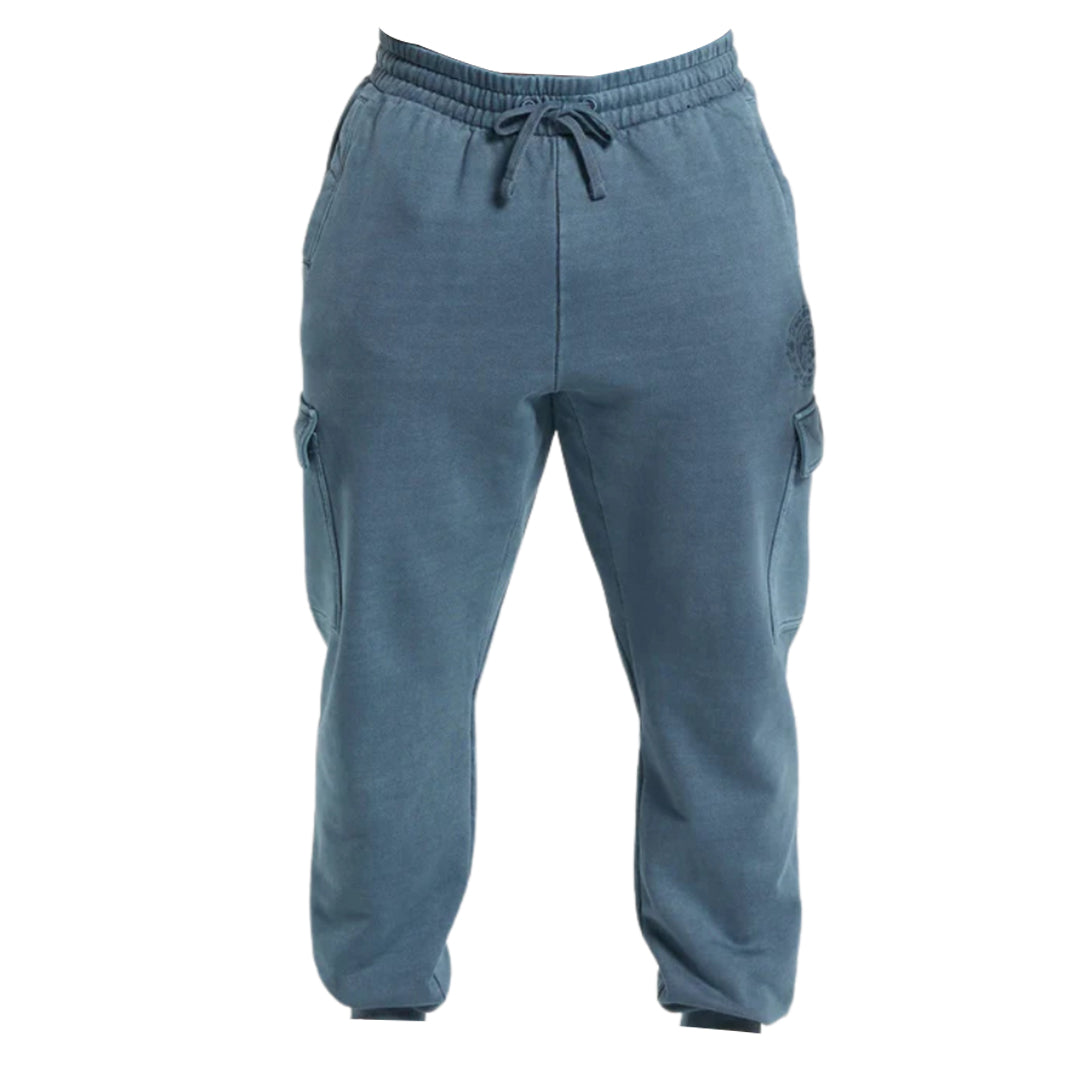 Blue cargo sweatpants featuring an elastic waistband, drawstring, and side pockets for comfort and style.