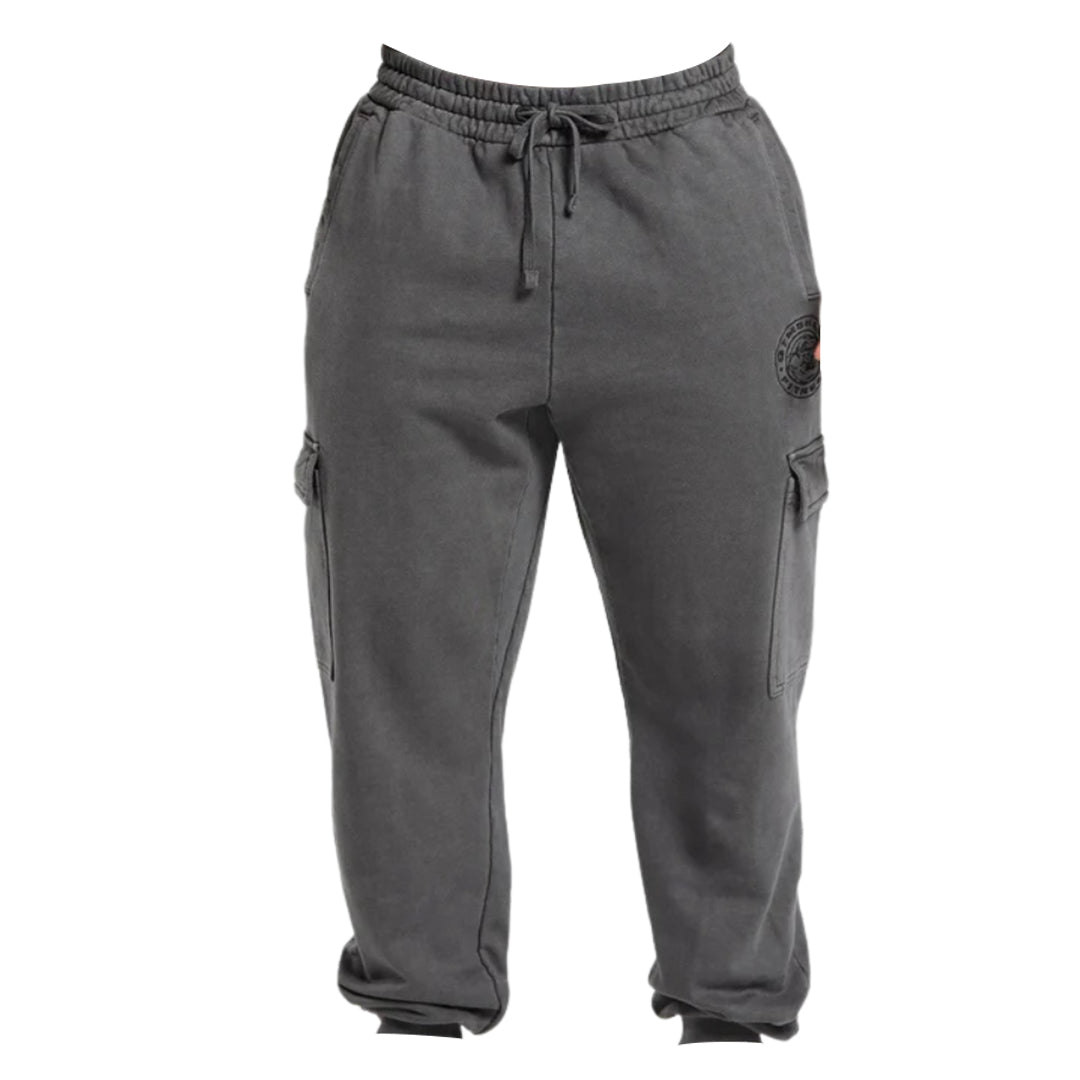 Gymshark Premium Legacy Cargo Pants in an oversized fit, featuring an elastic waistband with drawstring, side cargo pockets, and a logo patch on the left leg.