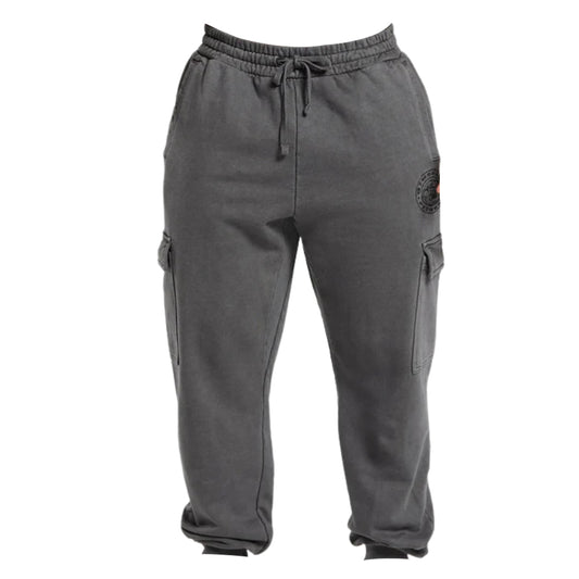 Gymshark Premium Legacy Cargo Pants in an oversized fit, featuring an elastic waistband with drawstring, side cargo pockets, and a logo patch on the left leg.