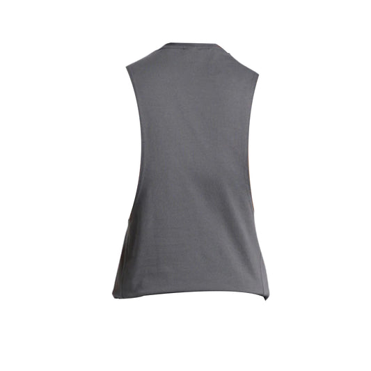 Back view of a sleeveless gray gym tank top with a relaxed fit, featuring a rounded neckline and side slits.