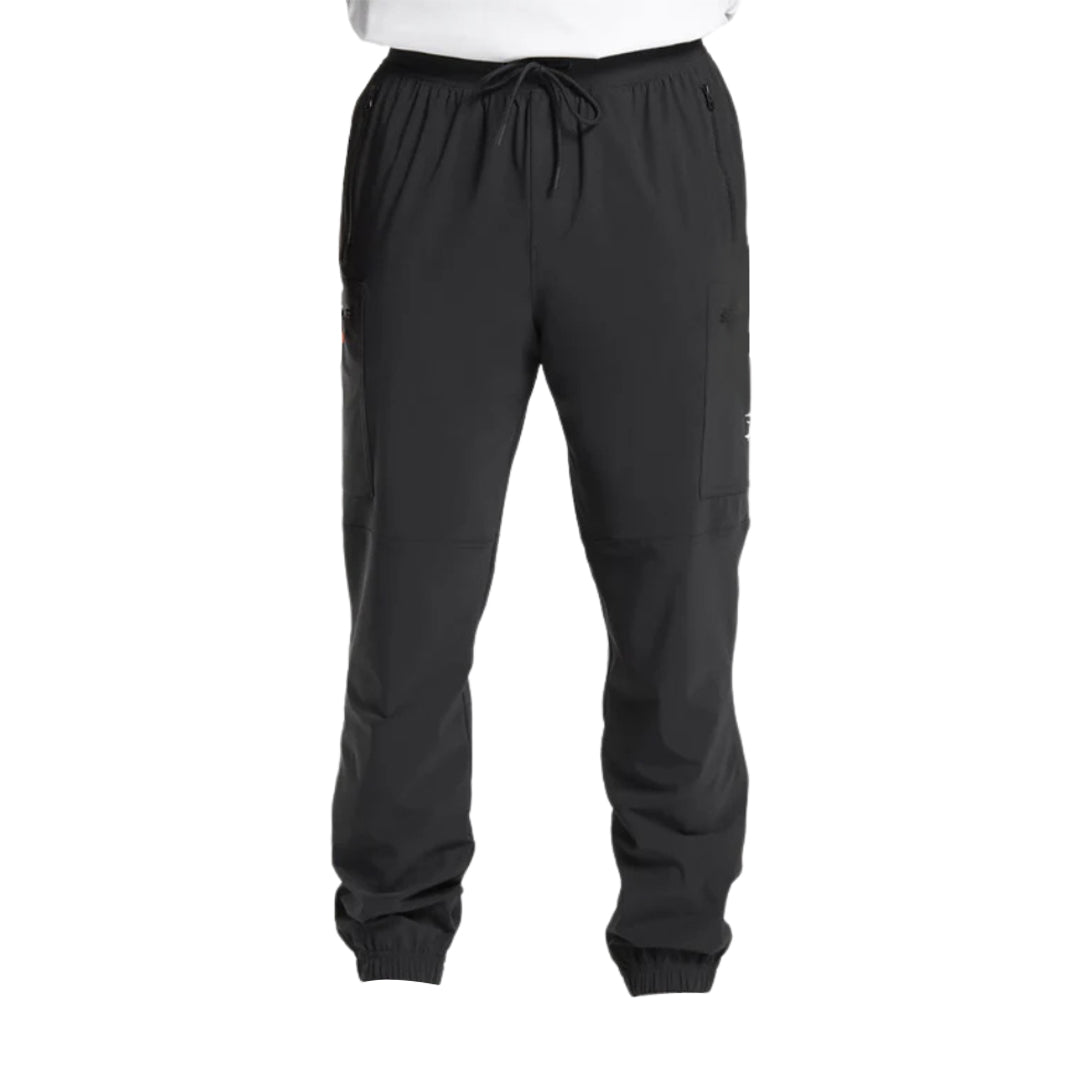 Black athletic cargo pants with elastic cuffs and a drawstring waist, featuring side pockets and a sleek, minimal design.