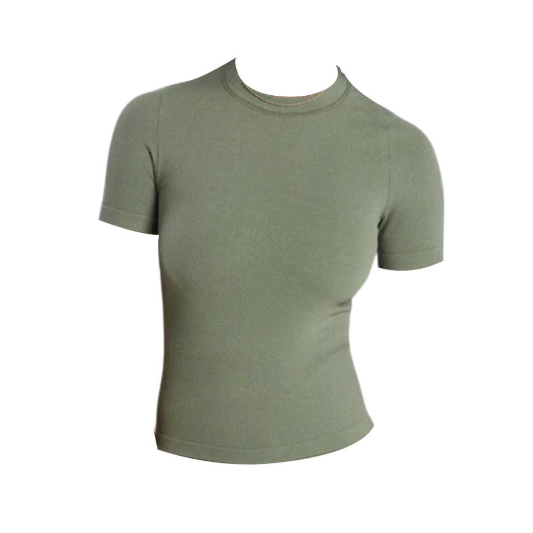 Gymshark olive green ribbed cotton seamless T-shirt with a round neckline.