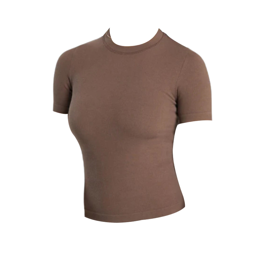 Short-sleeved brown ribbed cotton seamless T-shirt with a round neckline, designed with a fitted silhouette.