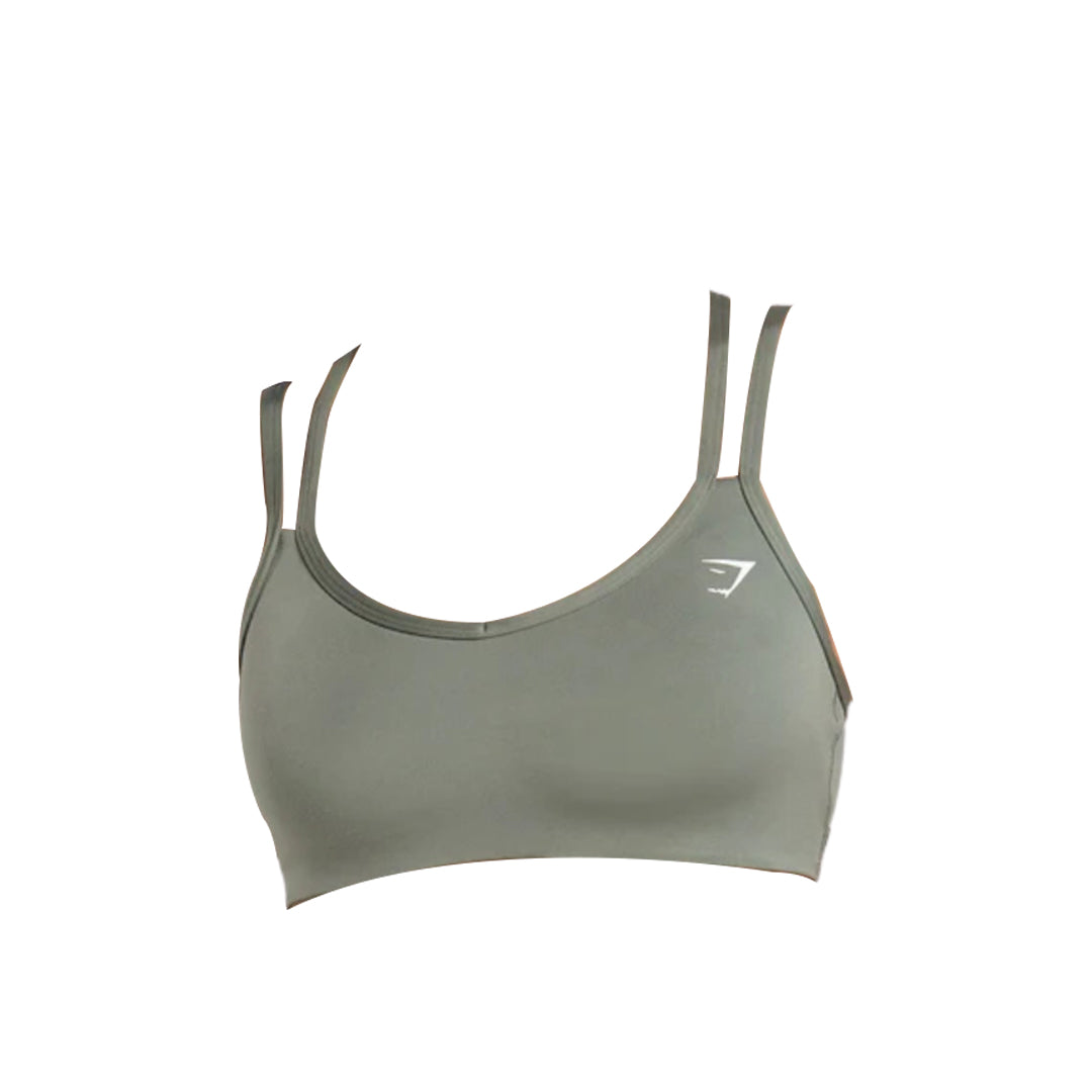 Olive green sports bra with adjustable thin straps and a logo on the side, designed for comfort and support in workouts.