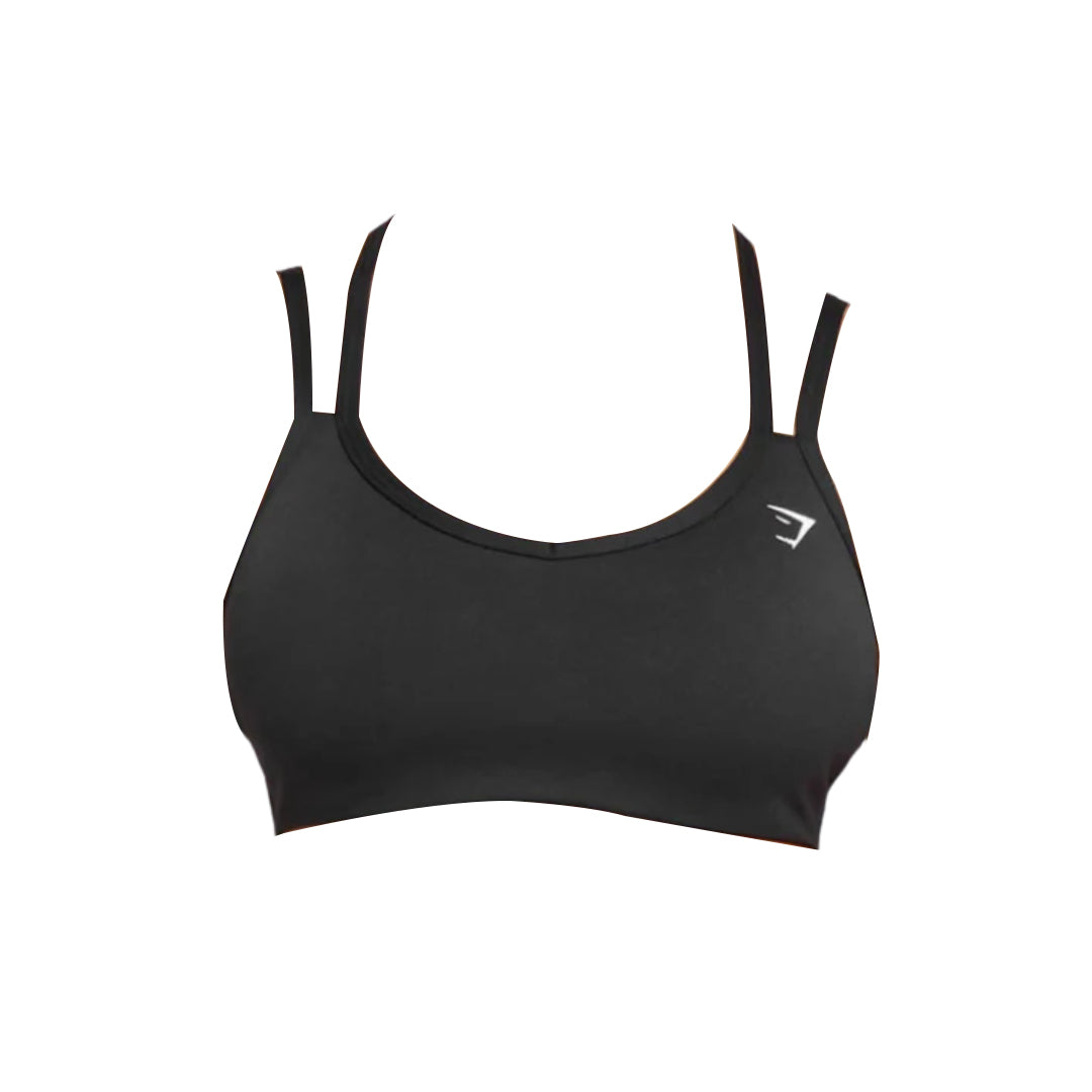 Black athletic sports bra with adjustable straps and a minimalistic design, featuring a small logo on the upper left side.