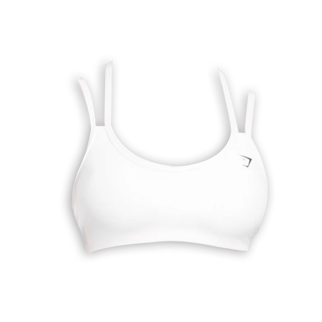 A simple white sports bra with thin straps and a rounded neckline, featuring a small logo on the side.