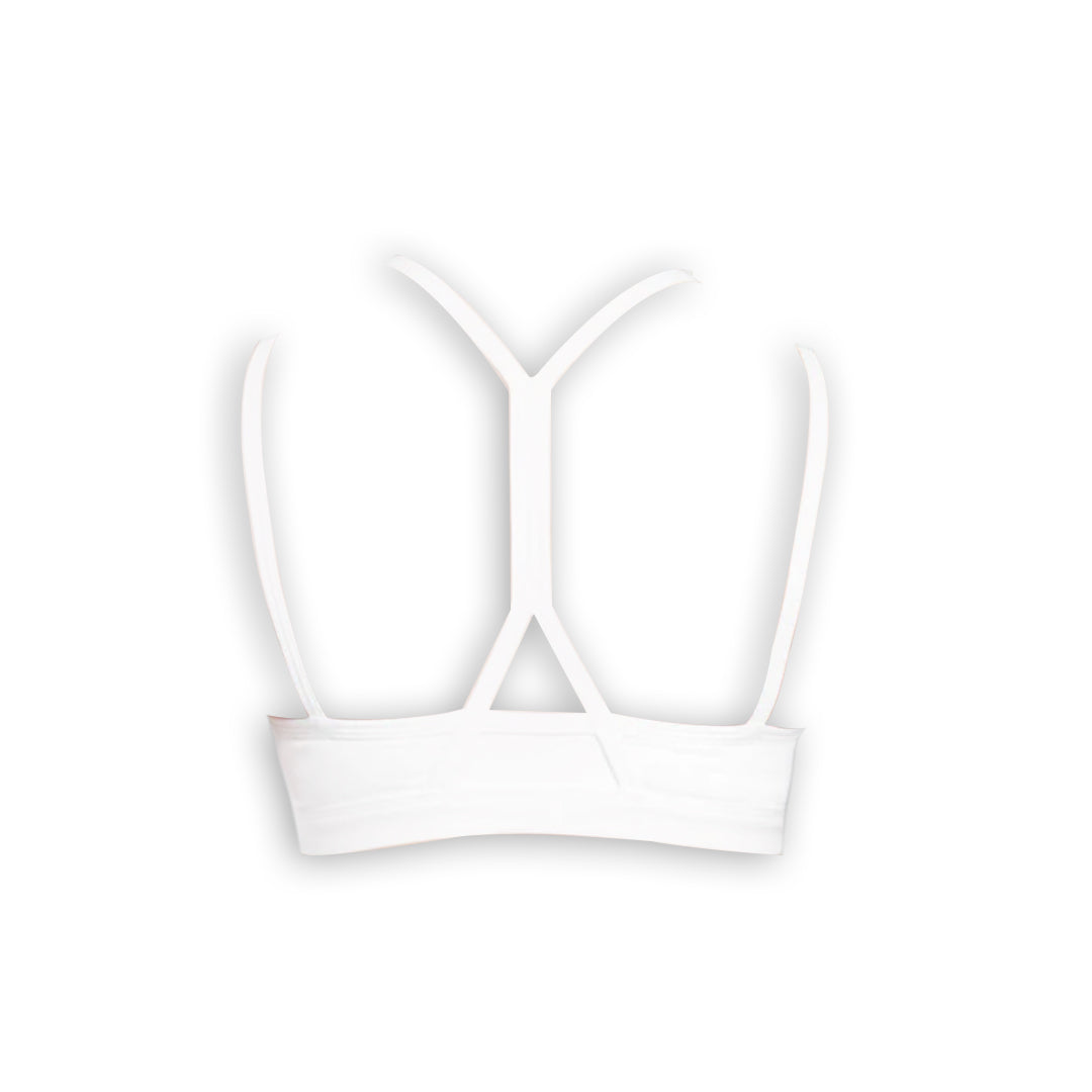 Back view of a white sports bra featuring thin straps and a unique racerback design for optimal support and comfort.
