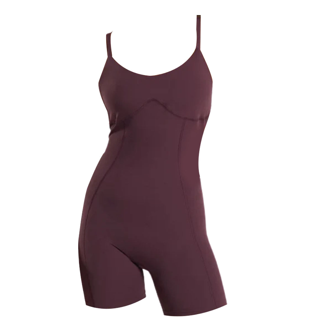 Gymshark maroon sleeveless bodysuit with a fitted design, featuring a sweetheart neckline and shorts cut, perfect for layering or casual wear.
