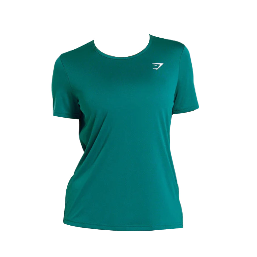 Green Gymshark T-shirt featuring a white logo on the left shoulder.