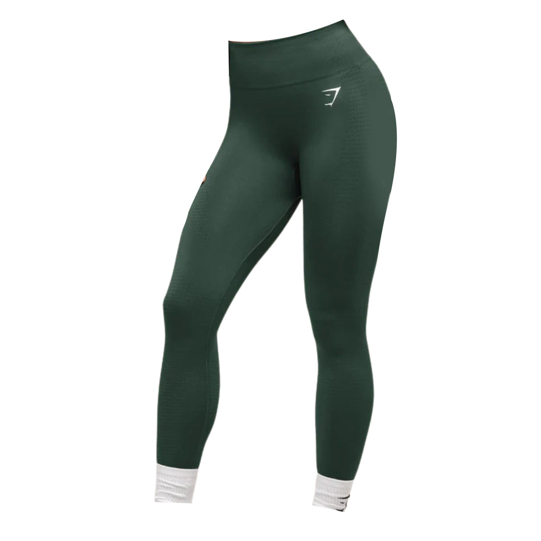 Dark green high-waisted leggings with white cuffs and a small logo, ideal for workouts or casual wear.