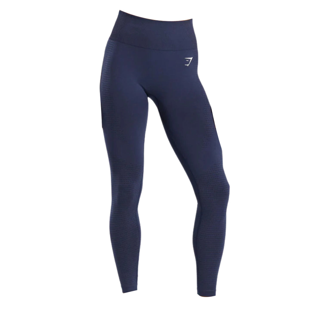 A pair of navy blue high-waisted leggings with a subtle texture and side pockets, ideal for workouts or casual wear.