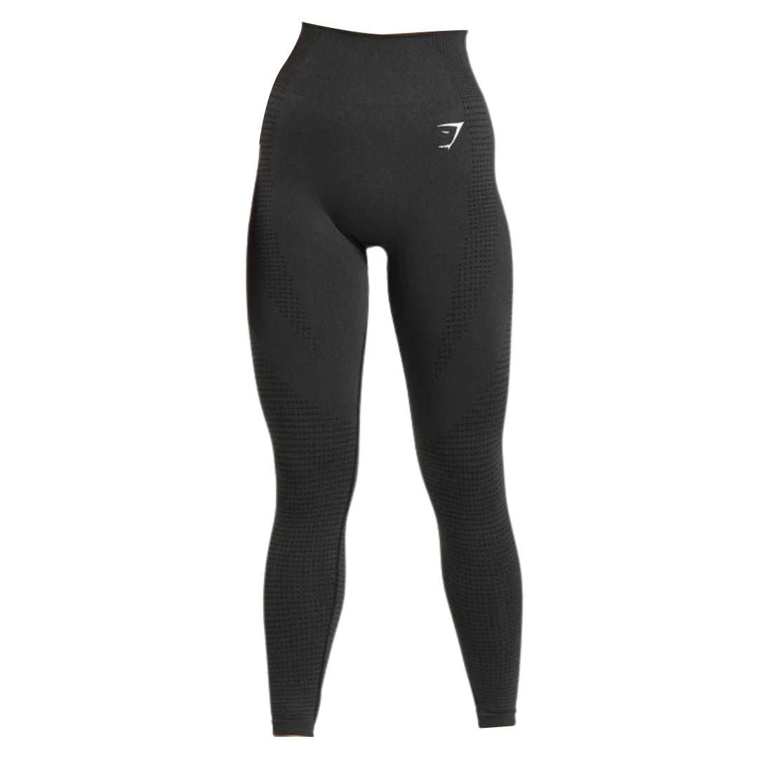 Black high-waisted leggings featuring textured patterns and a logo on the waistband, designed for comfort and style during workouts.