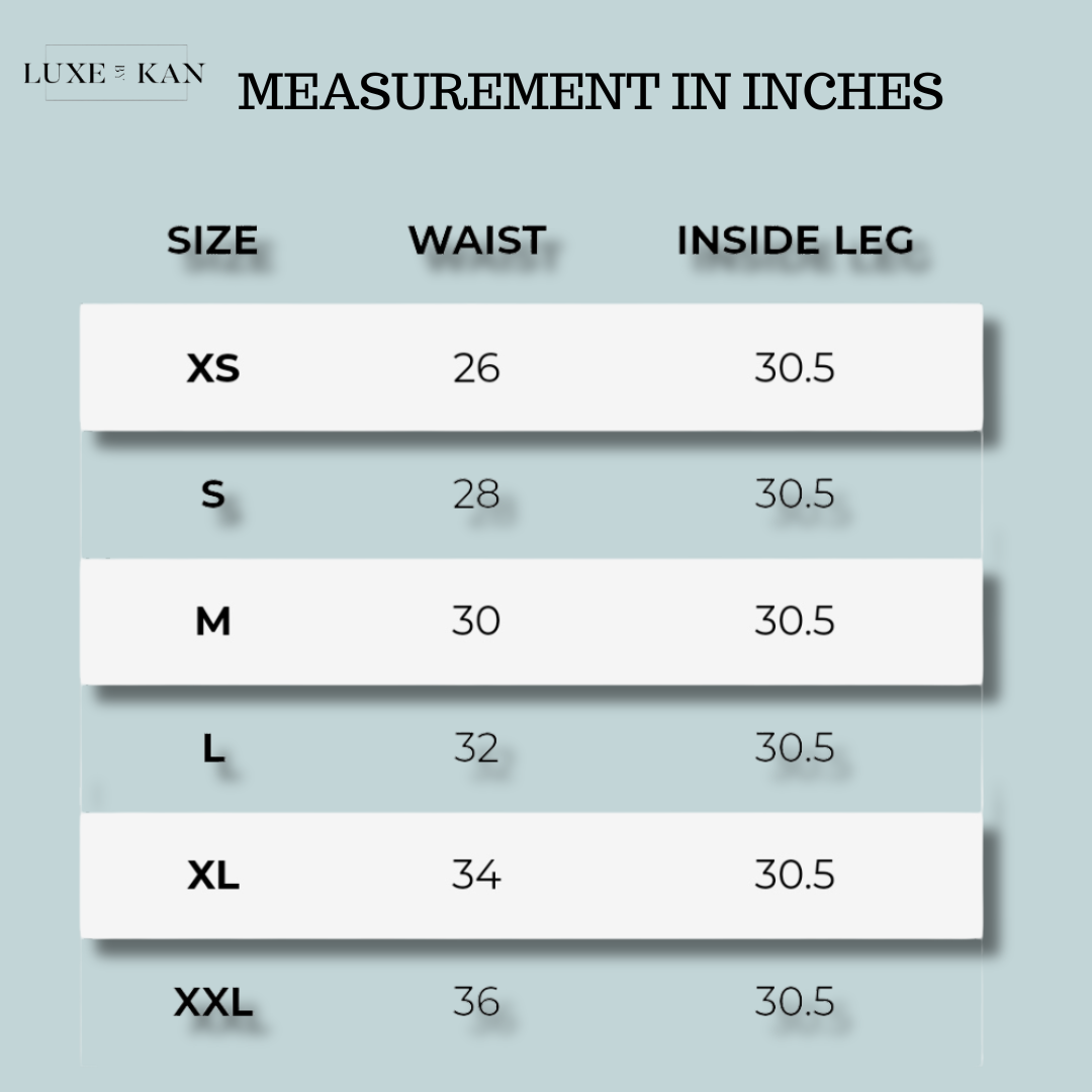 A sizing chart for Luxe Kan showing waist and inside leg measurements in inches for XS to XXL.