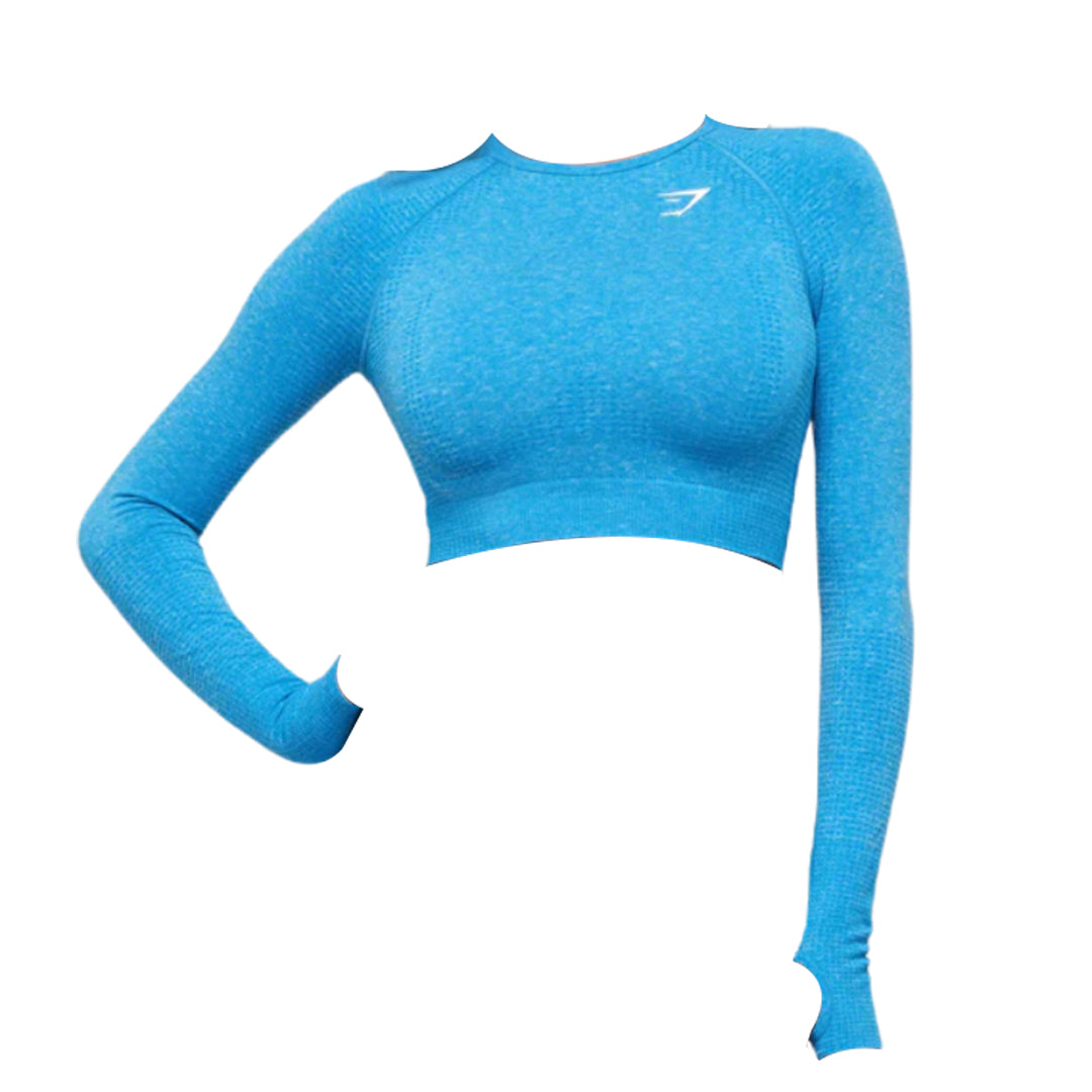 Gymshark Vital Seamless 2.0 Long Sleeve Crop Top with a fitted design, featuring a subtle logo on one shoulder.