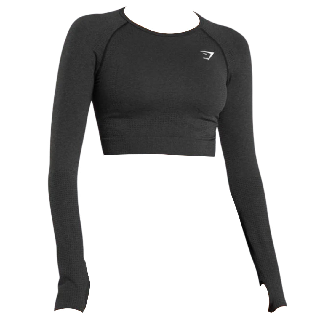 Gymshark black Vital Seamless 2.0 Long Sleeve Crop Top with a snug fit and a small logo on the chest.