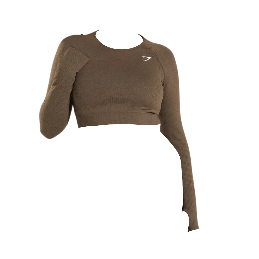 Brown cropped long-sleeve top featuring a fitted design and a small logo on the chest.