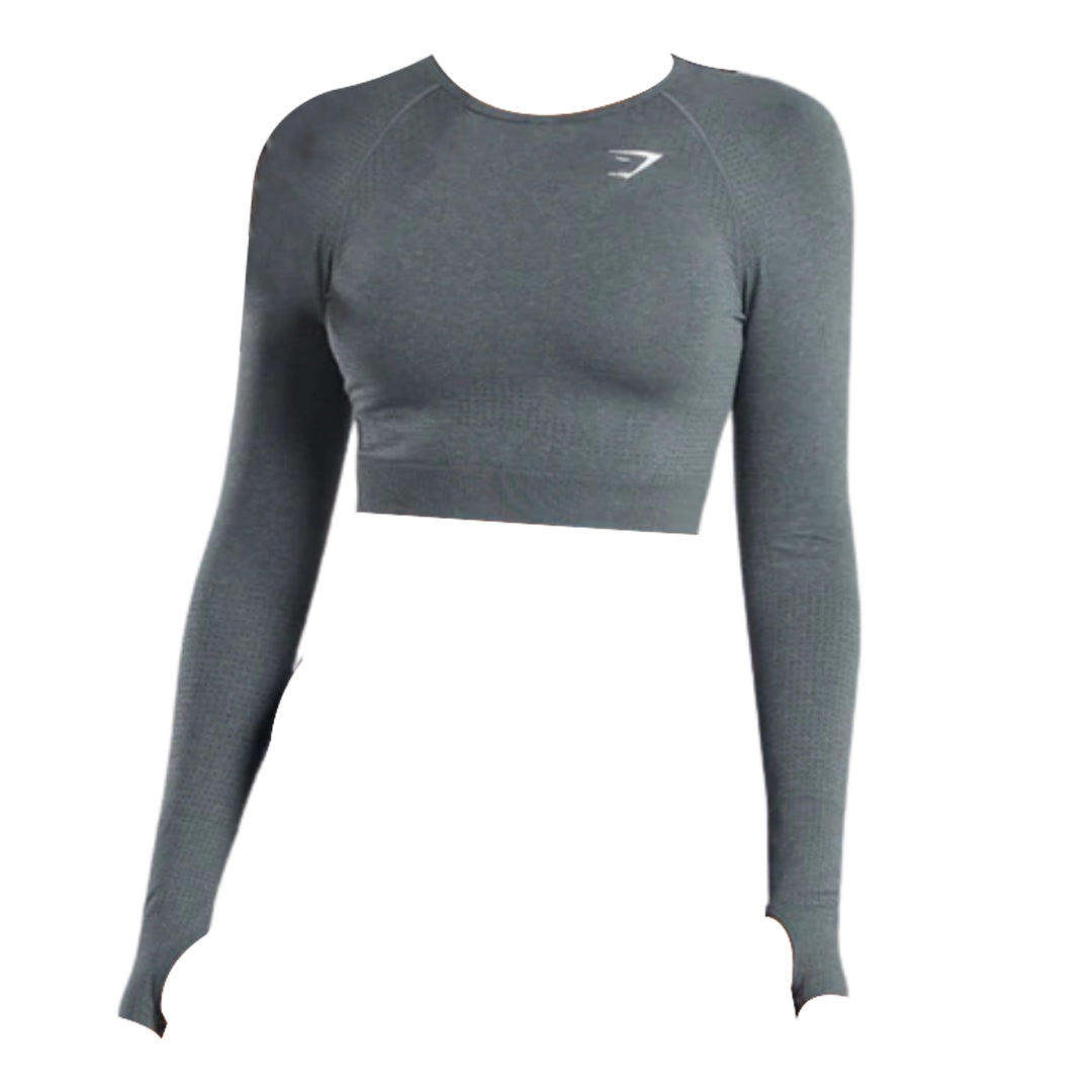 Gray long-sleeve crop top featuring a fitted design and a white logo on the chest.