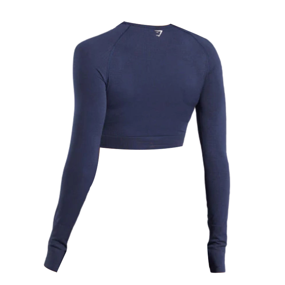 Navy long-sleeve cropped top with a round neck and a fitted design, showcasing a sleek, athletic style for activewear.