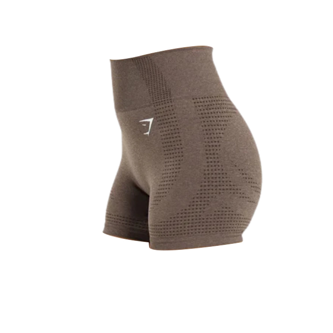 Close-up of Gymshark Vital Seamless 2.0 Shorts in muted brown, featuring a seamless, high-waisted design with ventilation holes and the Gymshark logo on the left hip.