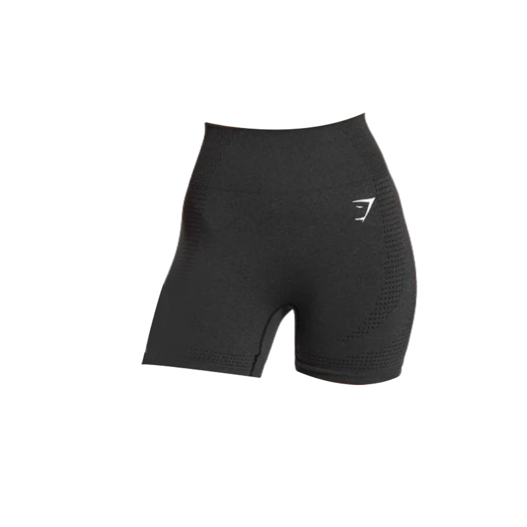 Black vital seamless 2.0 athletic shorts with textured pattern and logo on the side.
