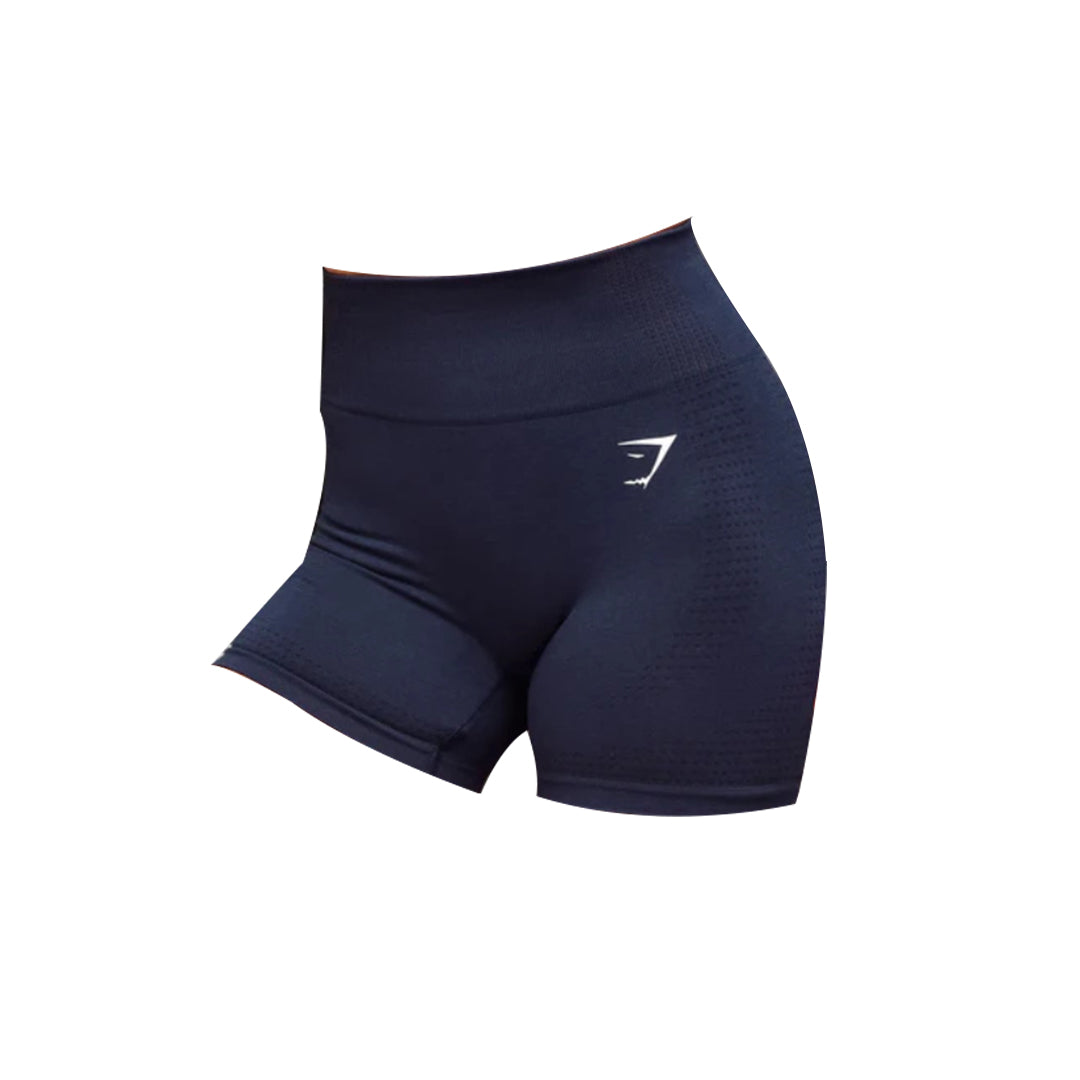 Navy blue Gymshark Vital Seamless 2.0 shorts, featuring a high, ribbed waistband and the white Gymshark logo on the left leg.