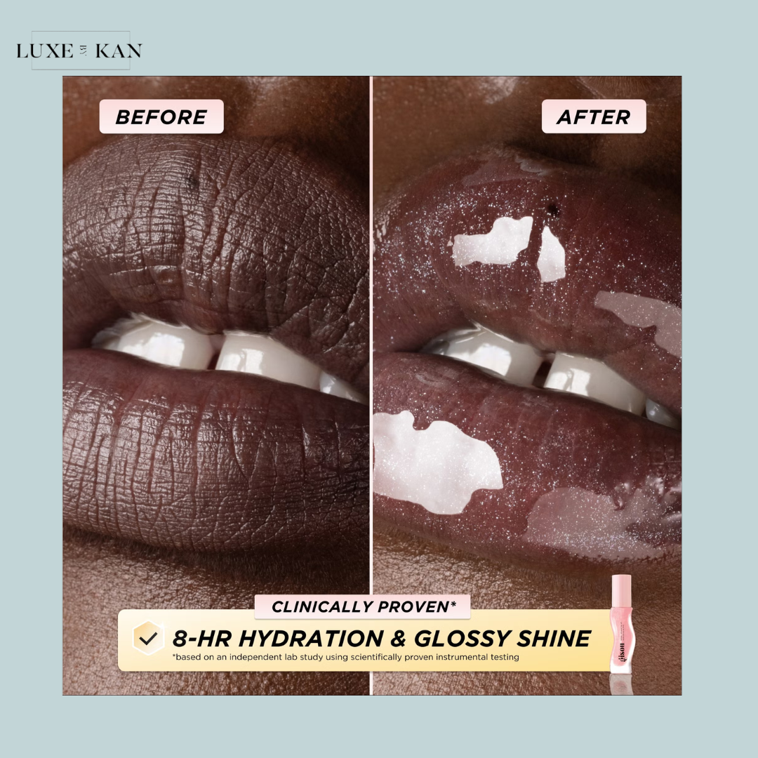 Gisou shows lips before and after treatment, highlighting 8-hour hydration and glossy shine.