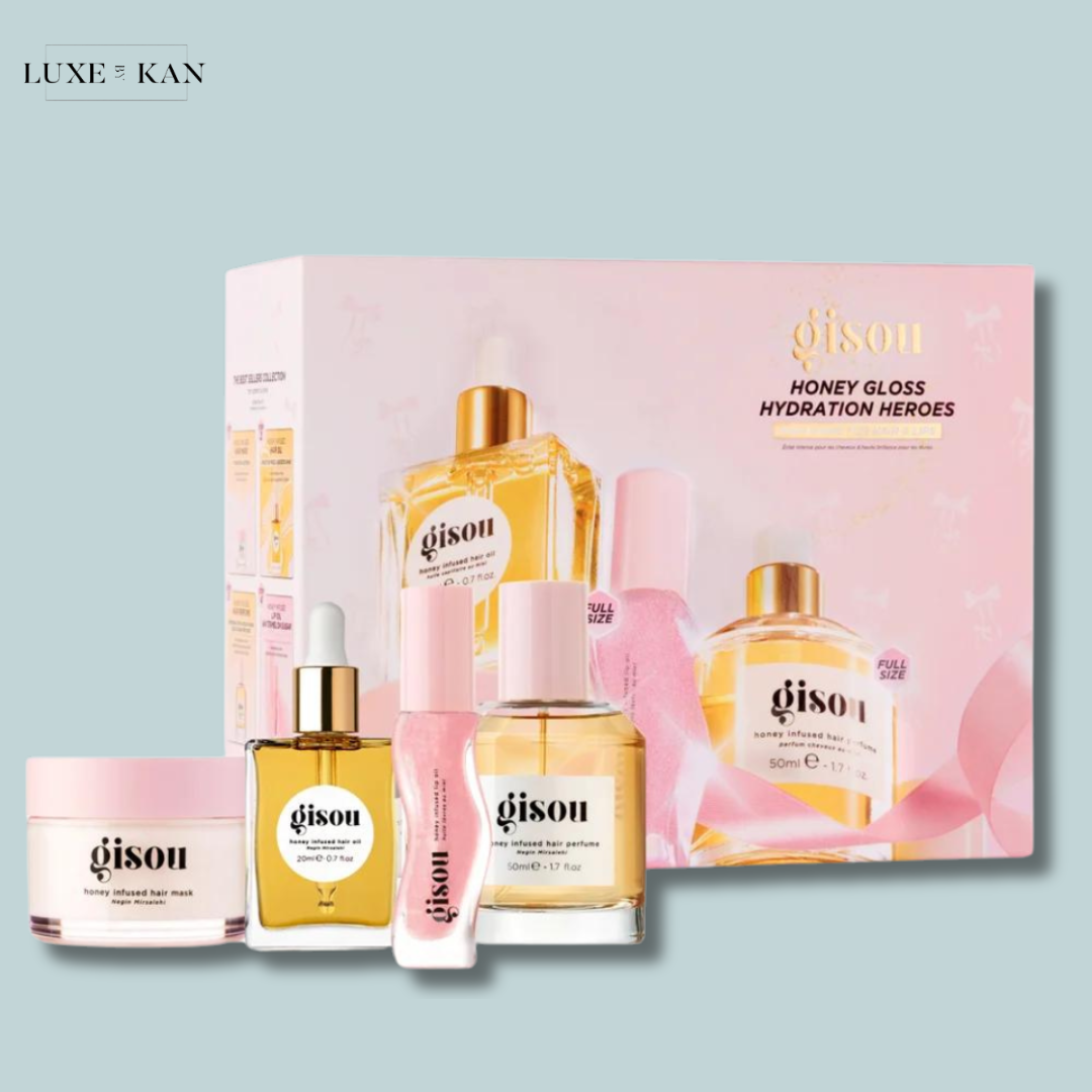 Gisou Honey Gloss Hydration Heroes gift set featuring hair care products.