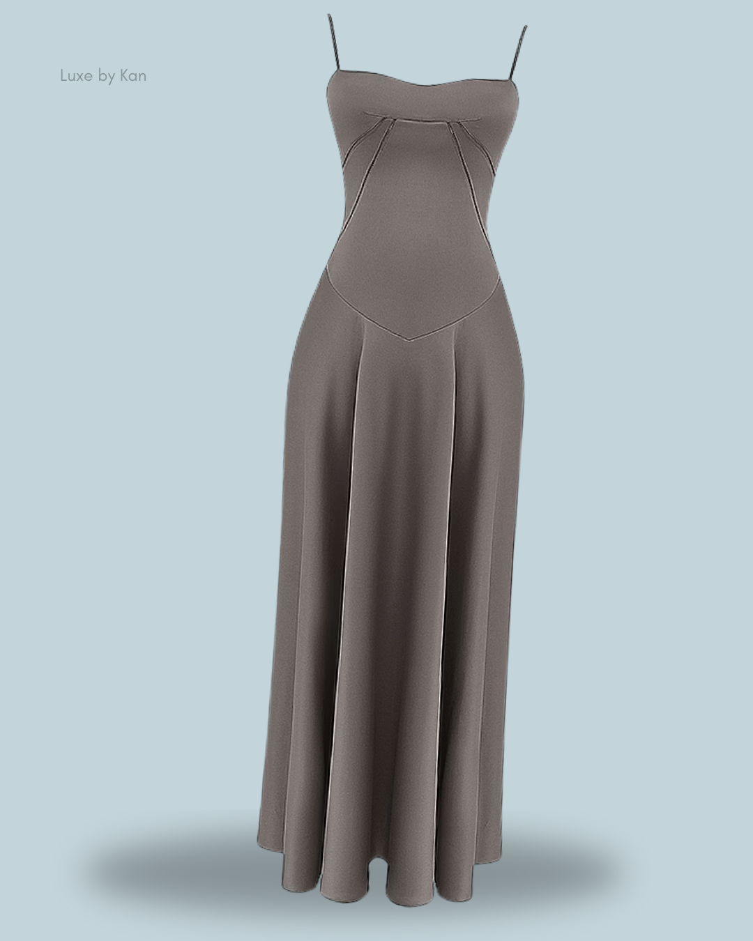 A sleek, gray anabella lace up maxi dress with thin straps and a fitted bodice, elegantly flowing into a flared skirt.