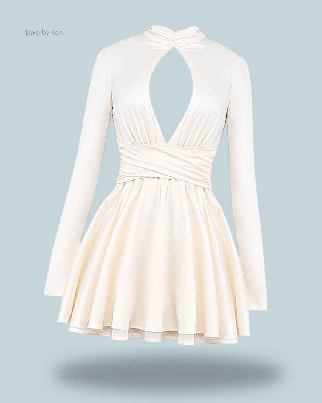 House of CB Aryana Ivory mini dress featuring long sleeves, a deep V-neckline, a flared skirt, and a stylish front cut-out design.