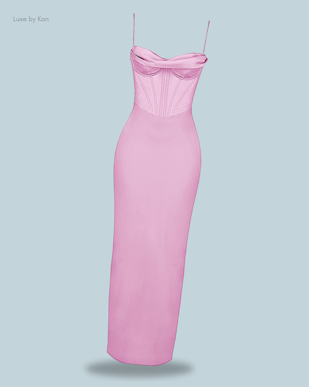 A form-fitting pink dress with a sweetheart neckline and spaghetti straps, showcasing elegant corset detailing. Perfect for special occasions.