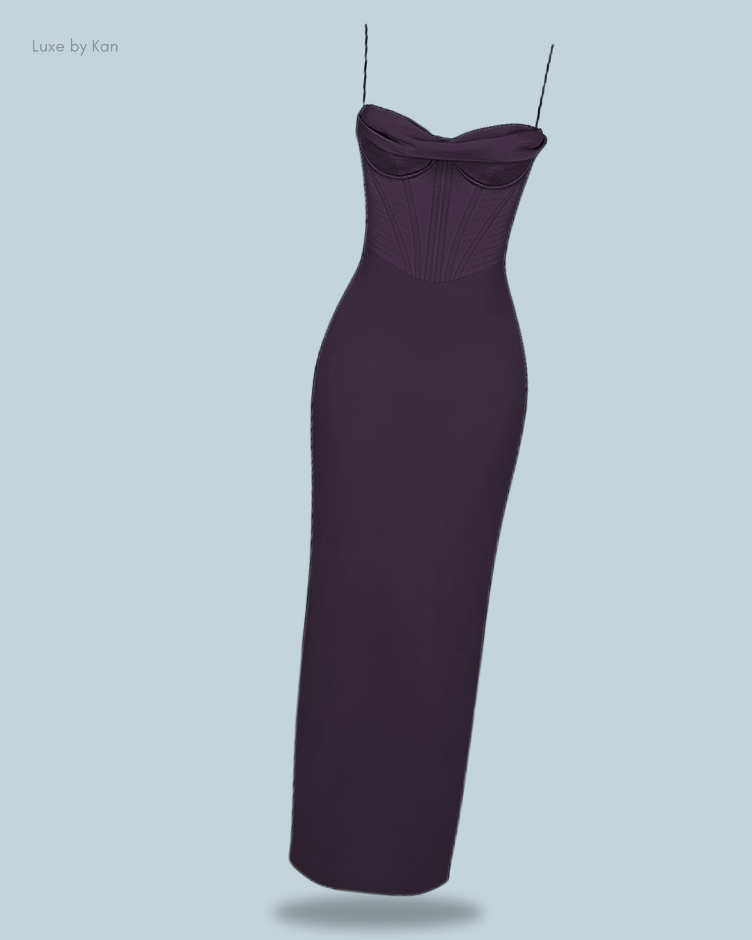 Purple House of CB Charmaine corset maxi dress featuring spaghetti straps, a structured bodice, and a thigh-high slit for a bold and elegant silhouette.