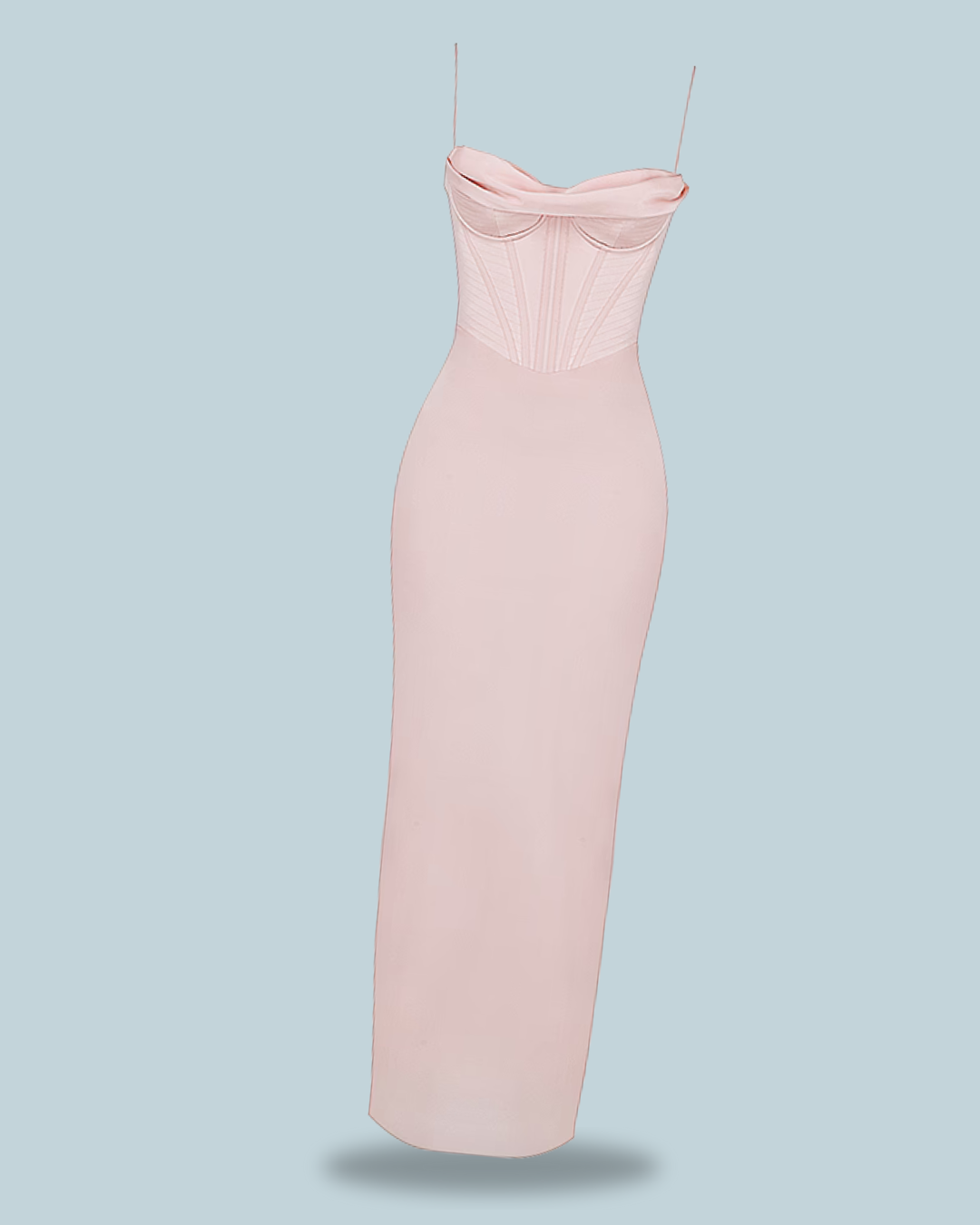 A soft pink charmaine corset maxi dress with a sweetheart neckline and thin straps, featuring structured bodice detailing.