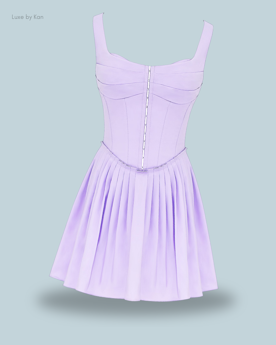 Front view of the lavender House of CB Cupid pleated mini dress, designed with a corset fit and feminine pleats.