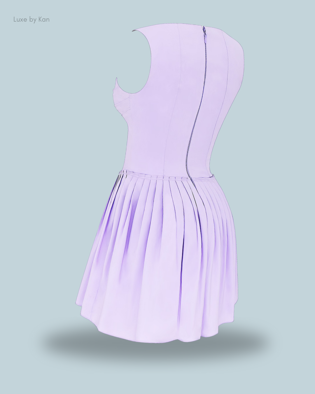 A elegant lilac pleated dress with a fitted bodice and zipper closure at the back.
