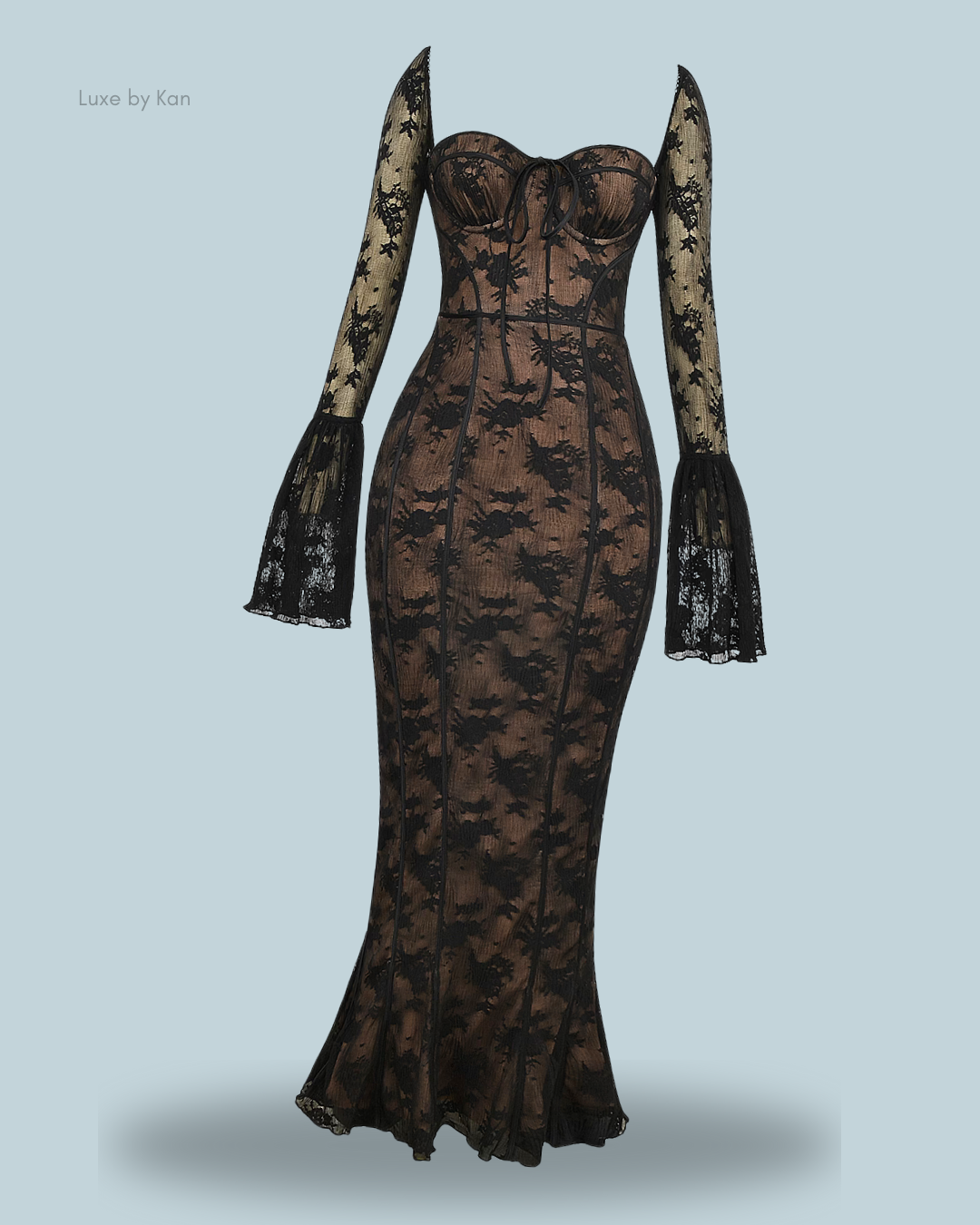A long, form-fitting black House of CB Delilah long sleeve lace maxi dress with sheer flared sleeves and a sweetheart neckline, displayed on a plain light background.