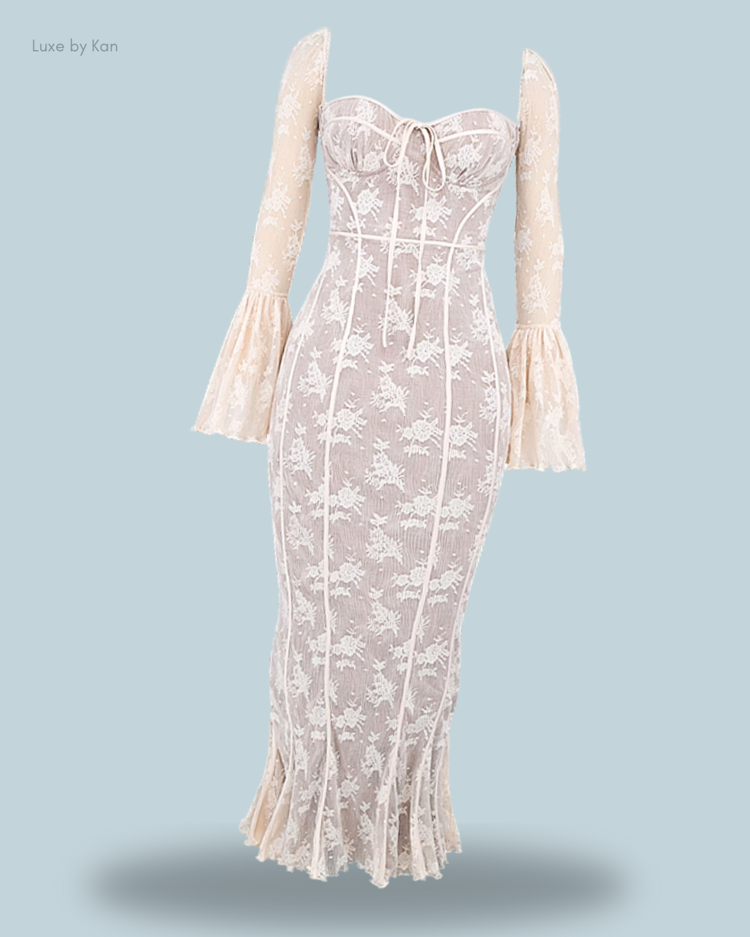 Front view of the House of CB Delilah long sleeve lace maxi dress showcasing intricate lace details.