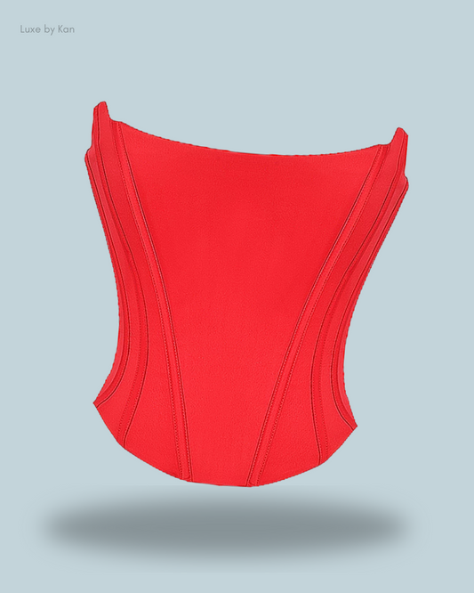 House of CB Genevieve scarlet satin lace back corset in bold red, featuring structured boning and smooth satin finish on plain backdrop.