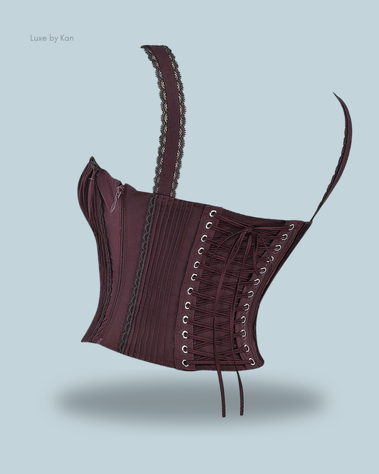 House of CB Gini lace-back corset featuring delicate lace trim and eyelet details, exuding timeless elegance and refined style.