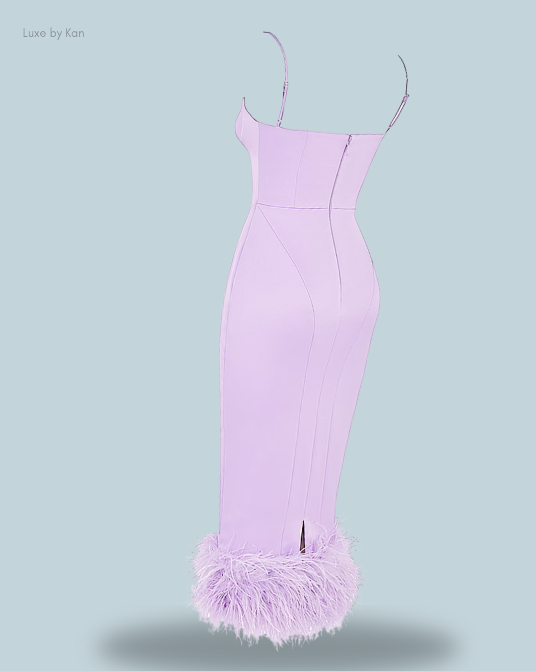 A fitted lavender Helena Orchid satin midi dress featuring thin straps and a soft, feathered hem for an elegant yet playful look.