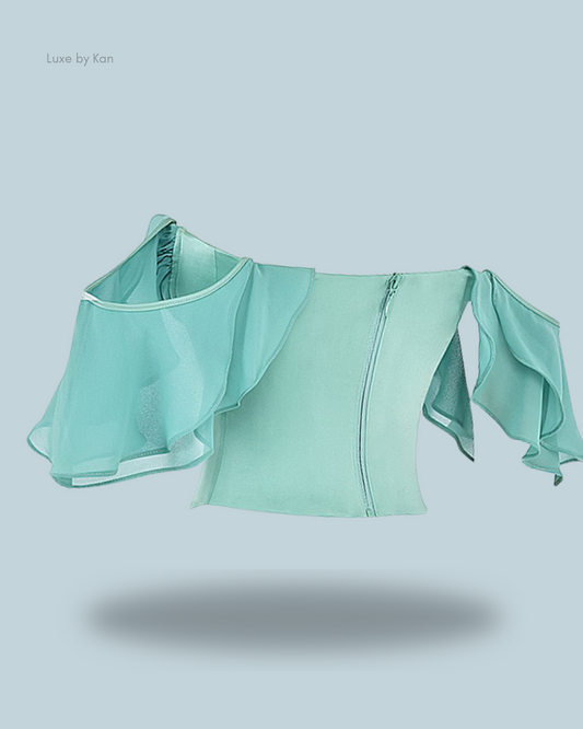 House of CB Isabella Jade corset top featuring elegant ruffled sleeves and a sleek back zipper for a refined finish.