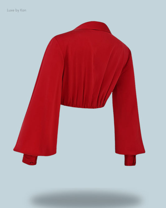 House of CB Laraine cherry silk blouson top featuring a collared neckline and wide, flowing sleeves.