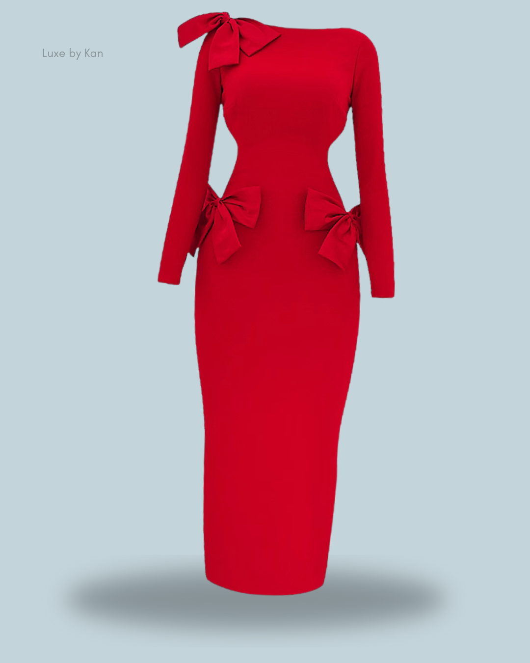 Long-sleeved lavele red bow maxi dress with a fitted silhouette and decorative bows on one shoulder and hips.